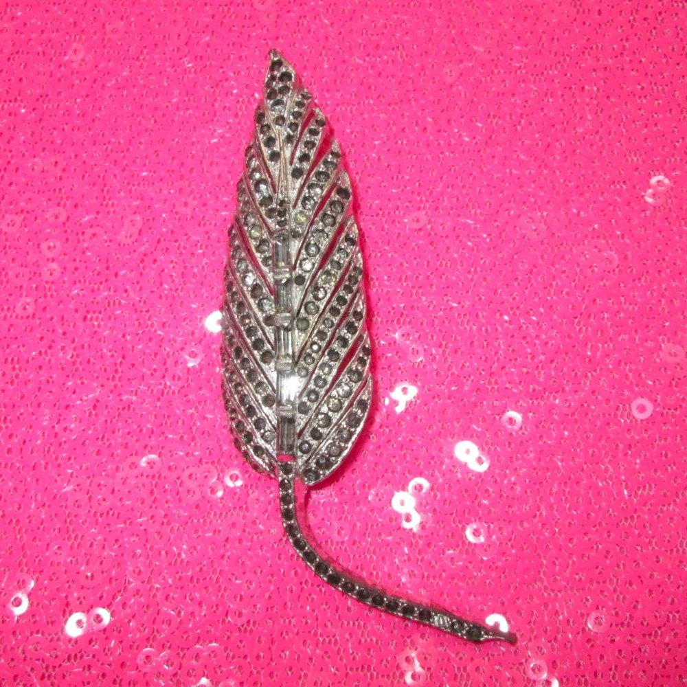 vintage silver feather pin boho diamond brooch costume jewelry